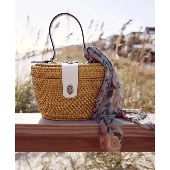 Patricia Nash Caselle Basket Bag Vintage Inspired White Leather Rattan Handbag - Picture 3 of 12